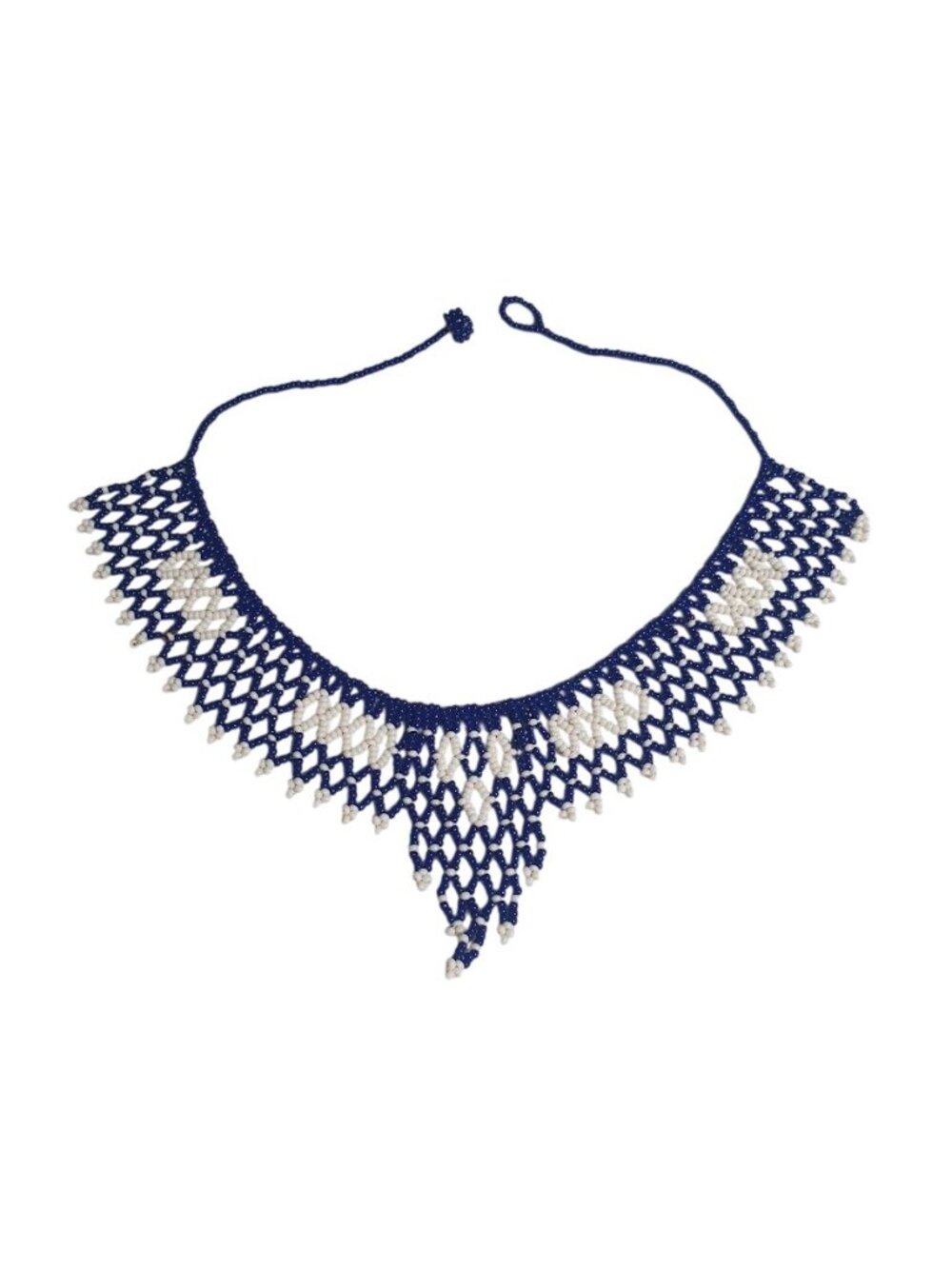 Beaded Necklace Navy Blue White Handmade 15 Inch Length Collar Style Jewelry